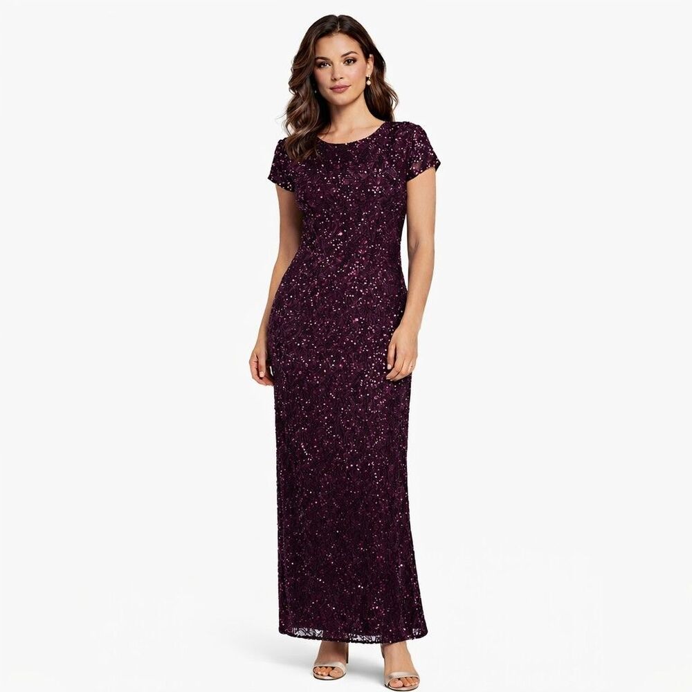 Papell Boutique Dress Size 16 Formal Gown Sequins Dark Purple Wedding MOTB
